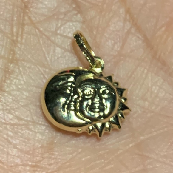 14K Two Tone Gold Large Sun Moon Pendant Necklace 14K Gold Yellow Sun Moon Crescent Charm Pendant